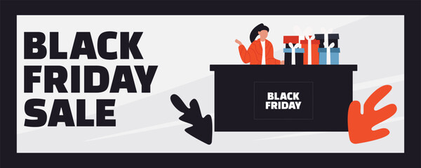 A female salesperson standing behind the cash register with gifts during a Black Friday sale, store interior, discount shopping banner, festive illustration