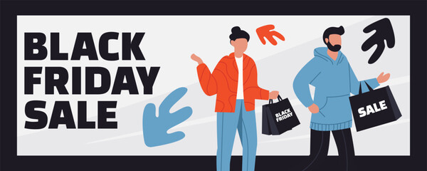 A woman and man with shopping bags, gift boxes and a basket walking back from a Black Friday sale, festive shopping illustration, big sale banner