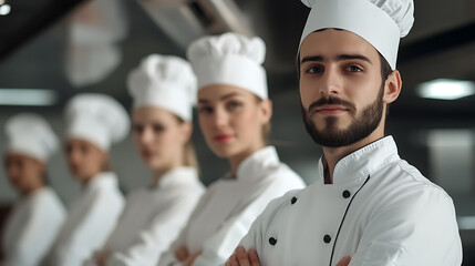 Team of culinary professionals dressed in chef whites and hats standing in a row, showcasing unity and professionalism in the culinary industry.