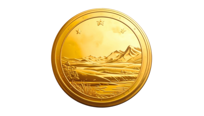 Gold coin with landscape, mountain, river, and stars