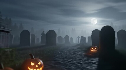 Spooky Halloween night with glowing jack-o'-lanterns in misty graveyard under a full moon, perfect for eerie seasonal promotions and haunting event invitations