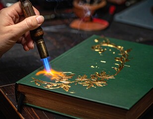 Artisan's Torch: An artisan carefully applies a torch to a leather-bound book cover, embellishing it with intricate designs and details, symbolizing the craftsmanship.