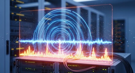 Server rack with glowing blue concentric circles and orange waveform display data center technology