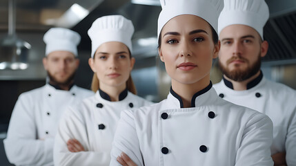 Team of chefs in uniform. Confident culinary experts ready for service in a professional kitchen environment. Ready to create culinary masterpieces.