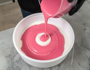 The Art of Culinary Fusion: A vibrant display as a rich magenta liquid cascades into a white creamy mixture, a culinary dance of color and texture.