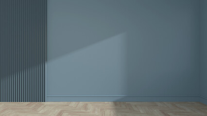 Empty wall. Image of wooden floor and blue wall with light / empty space for your design. 3D illustration.