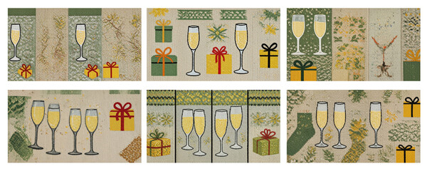 Festive champagne glasses with gifts and decorations in a collage  
