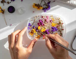 Floral Arrangement Craft: An artisan meticulously arranges dried flower blossoms within a resin mold, showcasing the delicate art of botanical preservation. 