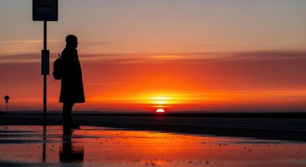 Silhouette of person at bus stop reflecting on wet ground during vibrant sunset waiting