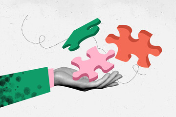 Sketch template design photo collage of startup connect company idea solution huge hand hold three piece match puzzle jigsaw creative