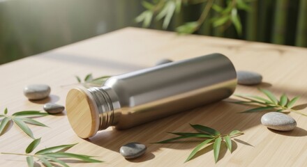 Silver metal water bottle with bamboo lid on wooden surface surrounded by green bamboo leaves and grey stones