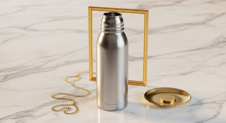 Silver metal water bottle with gold frame and chain on marble silver bottle reusable bottle