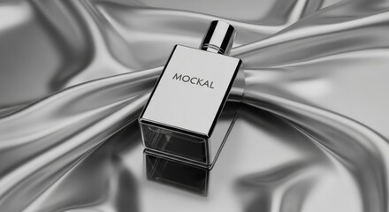 Silver perfume bottle with M O C K A L label on flowing metallic fabric fragrance