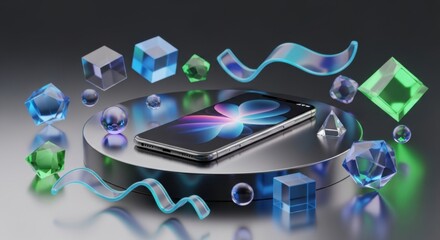 Silver smartphone on a metallic pedestal surrounded by abstract geometric shapes and iridescent ribbons