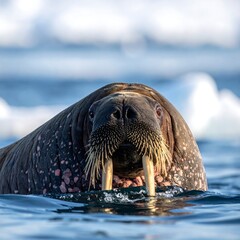Large marine mammal with tusks swims in cold, Arctic water