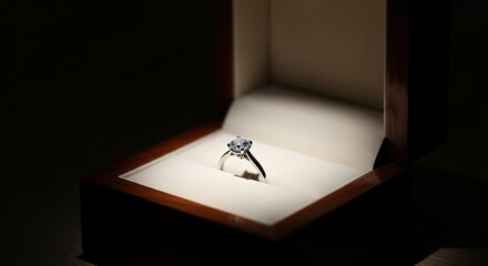 Single diamond engagement ring in wooden box with dramatic spotlight diamond ring wedding ring