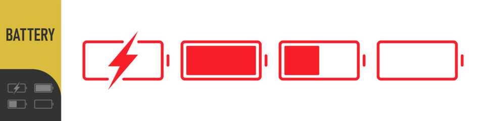 battery icon set with charge levels from full and low - charging symbol - representing power, energy storage, and readiness for use in electronic devices
