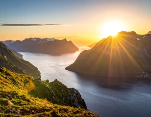 Majestic mountain and water landscape under a radiant sunset glow