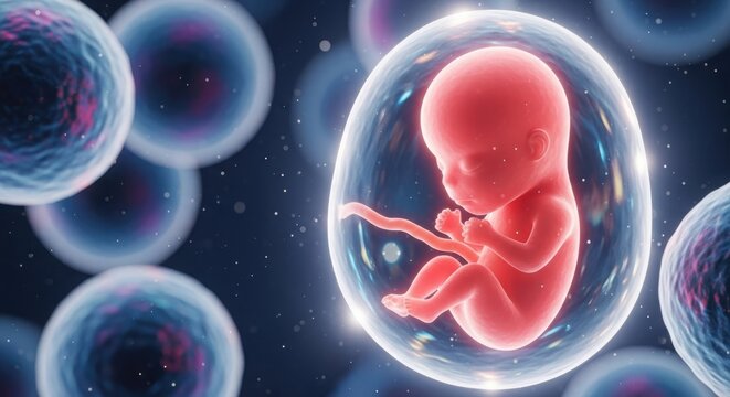 Human fetus developing inside amniotic sac surrounded by cells illustration