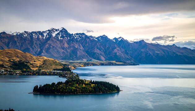 A vast lake reflects an overcast sky and rugged mountains with snow-capped peaks in the distance. A small island sits peacefully
