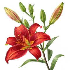 Fototapeta premium Illustration of vibrant red lily isolated on white background with buds and green leaves