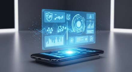 Smartphone displaying holographic futuristic data interface with charts and icons image