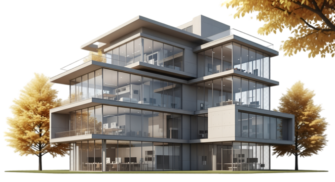 Modern Office Building with Autumn Trees