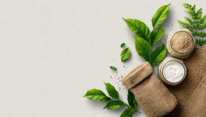 Natural skincare products arranged atop a light gray surface with fresh green leaves and burlap sacks.