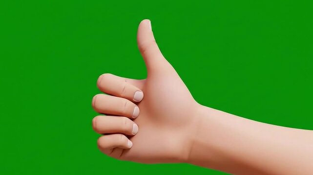 A close-up shot of hand with thumb up, isolated on green background, representing concept of like, agree, positive or support