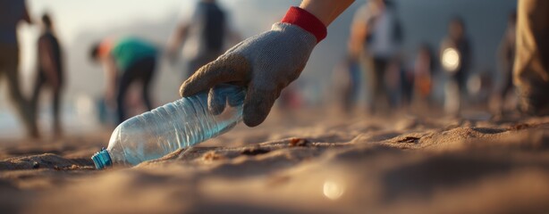 The water bottle being picked up during a beach cleanup by volunteers