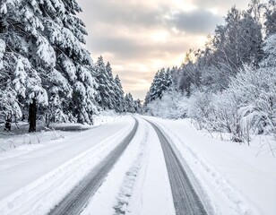 Obraz premium Snowy road curves through snow-covered forest on a cloudy winter day