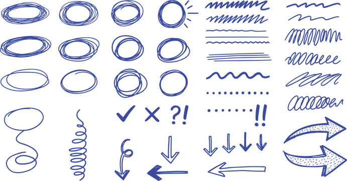 A collection of hand-drawn blue doodle elements including circles, lines, arrows, checkmarks, and question marks for creative design and illustration