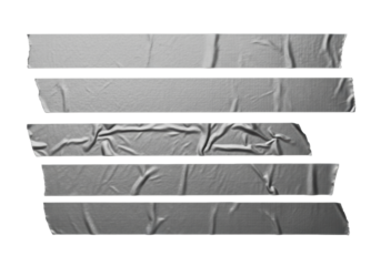 Multiple industrial grey duct tape strips with rough fabric texture, fraying, and wrinkles, neatly arranged horizontally on transparent seamless background, concept of repair and utility