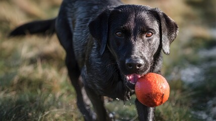 A black Labrador Retriever dog joyfully fetches a bright orange ball in an outdoor field