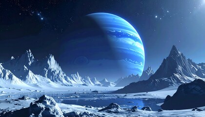 A vast, icy expanse dominates the foreground, overlooked by snow-capped mountain peaks, and a swirling blue planet in the dark starry night