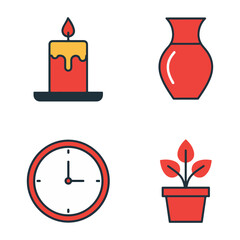 A lit candle, a red vase, a clock, and a potted plant.