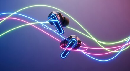 Two wireless earbuds with glowing blue accents surrounded by neon light waves in pink green and blue