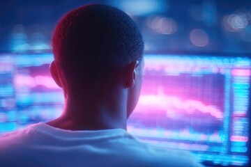 Person focused on vibrant digital screens displaying data trends and analytics