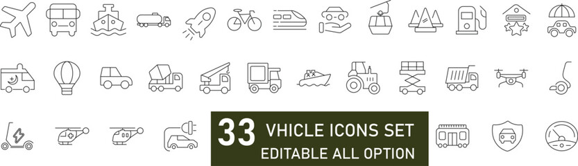 Vehicle and transport line icon set featuring car, bus, train, ship, plane, and more. Editable vector illustration for travel, logistics, and transportation concepts