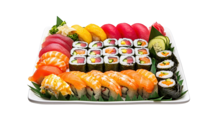 Assorted Sushi Platter with Salmon and Tuna isolated on a transparent background
