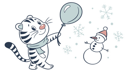 Winter Wonderland themed SVG: Playful Tiger with with a balloon in a Winter environment