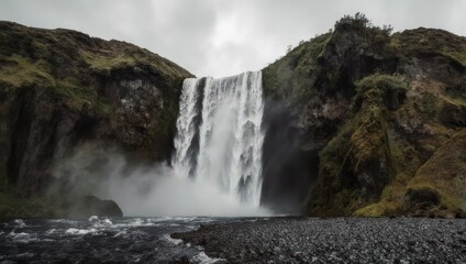 Obraz premium Powerful waterfall cascading over a rocky cliff, under a cloudy sky, creating a misty atmosphere