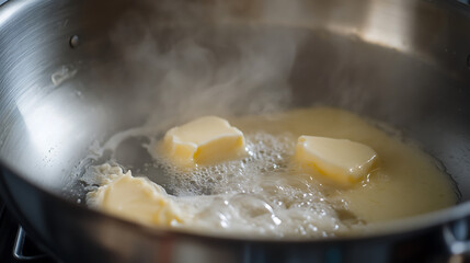 Butter melting in a hot pan creates a savory aroma, promising a delicious dish in progress. The steam rises, adding to the anticipation of the meal.