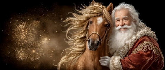 Obraz premium Santa Claus smiling beside glowing red fire horse with golden mane under fireworks in snowy sky, warm lantern light and sparkling snowflakes, cinematic festive scene joyful transition New Year 2026.