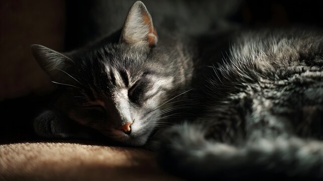 A serene gray tabby cat sleeps peacefully bathed in dramatic sunlight and soft shadows highlighting its fur texture - Powered by Adobe