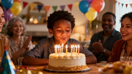 African-American boy blowing birthday candles, festive setting with bright colors and decorations, creating an atmosphere of joyful anticipation, celebration, and magical childhood moment.