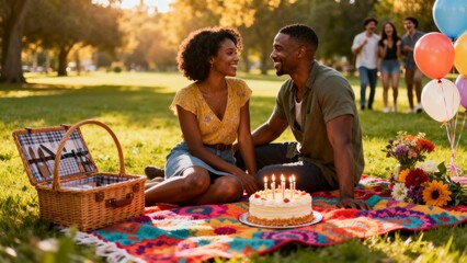 African-American couple at birthday picnic, festive setting with bright colors and decorations, creating an atmosphere of joy, romantic celebration, and relaxed outdoor happiness.