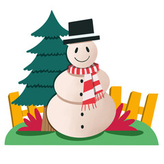 Cute snowman with pine tree and fence illustration