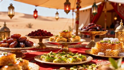 Fototapeta premium Arabic dessert table with dates and baklava, festive setting with bright colors and decorations, creating an atmosphere of joy, celebration, and sweet cultural tradition.