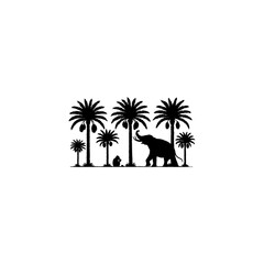 Palm trees and palm groves with elephants and monkeys